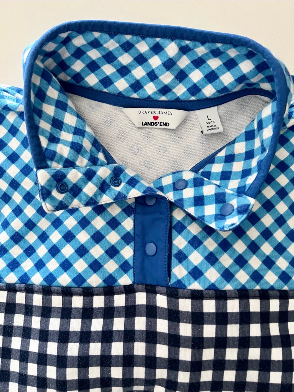 Lands' End x Draper James Gingham Navy & Blue Snap Neck Pullover Sweatshirt Sz L - Picture 7 of 9